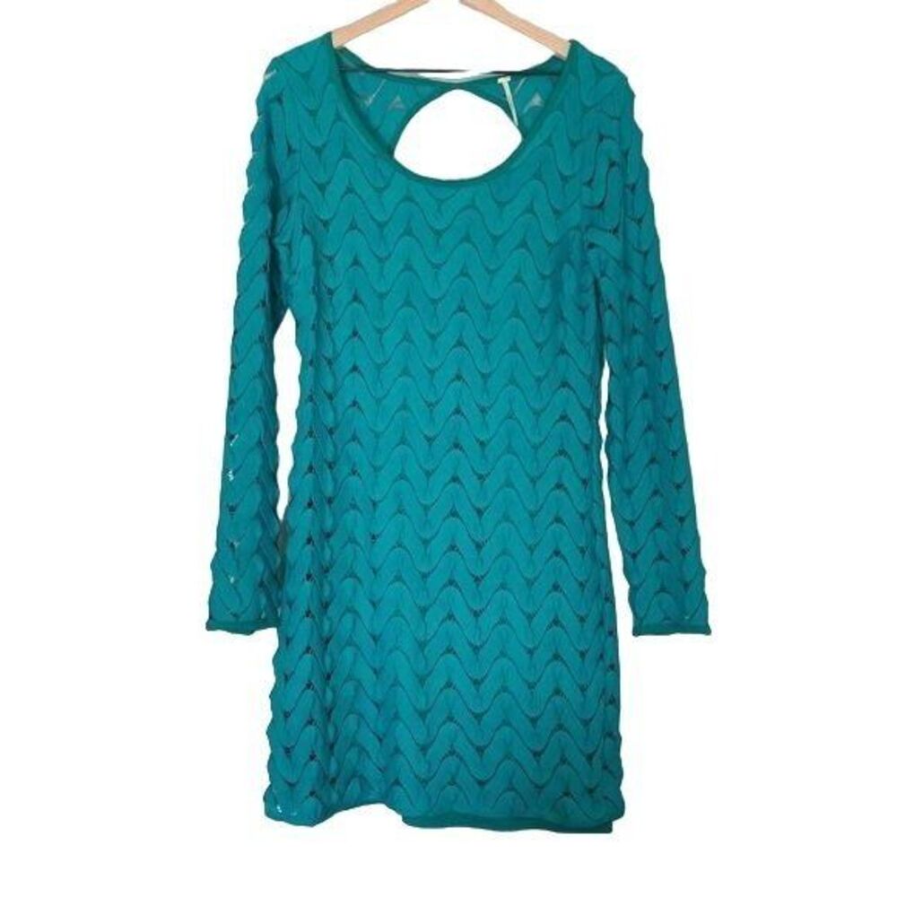 Free People Large Green Long Sleeve Open Knit Bodycon Dress Cutout Back Detail